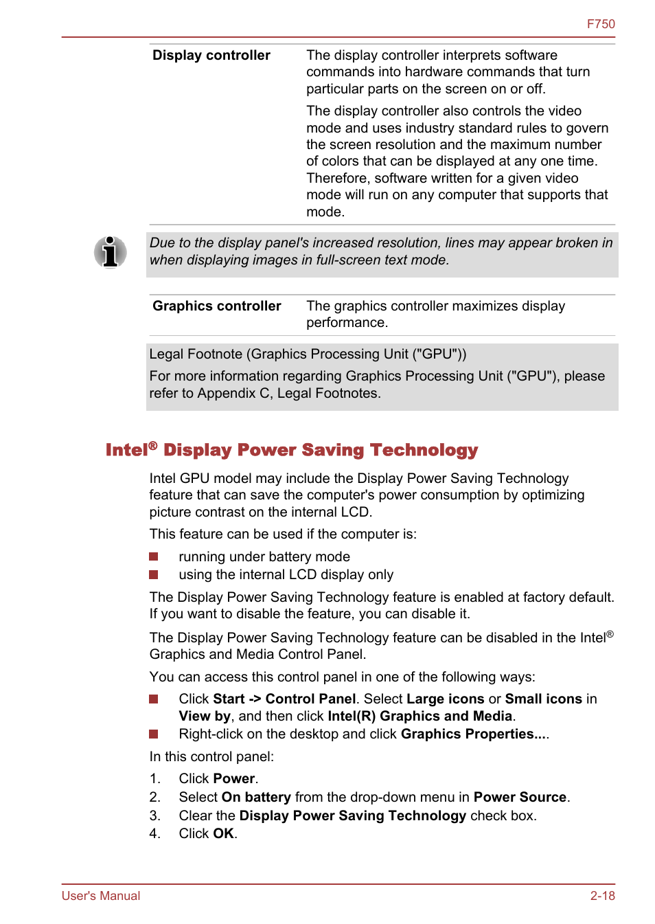 Intel® display power saving technology, Intel, Display power saving technology | Toshiba Qosmio F750 User Manual | Page 44 / 171