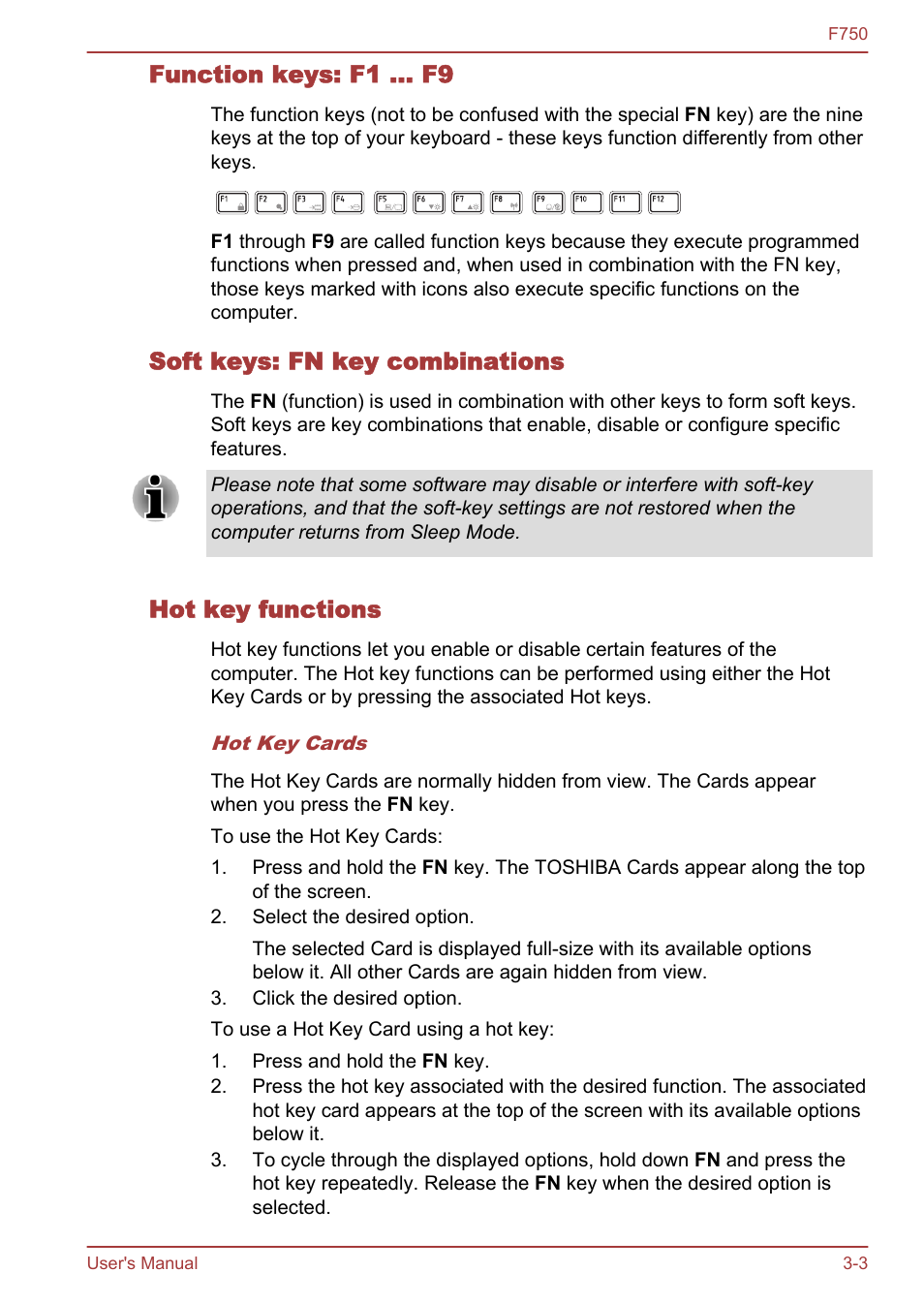 Function keys: f1 … f9, Soft keys: fn key combinations, Hot key functions | Toshiba Qosmio F750 User Manual | Page 48 / 171