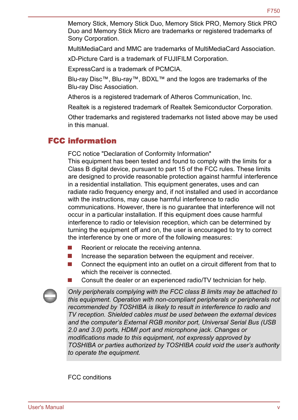 Fcc information | Toshiba Qosmio F750 User Manual | Page 5 / 171