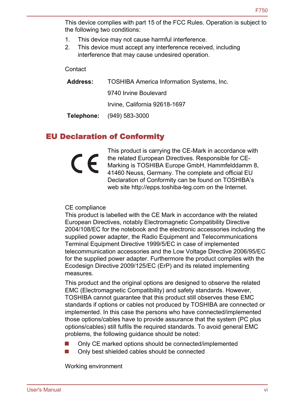 Eu declaration of conformity | Toshiba Qosmio F750 User Manual | Page 6 / 171