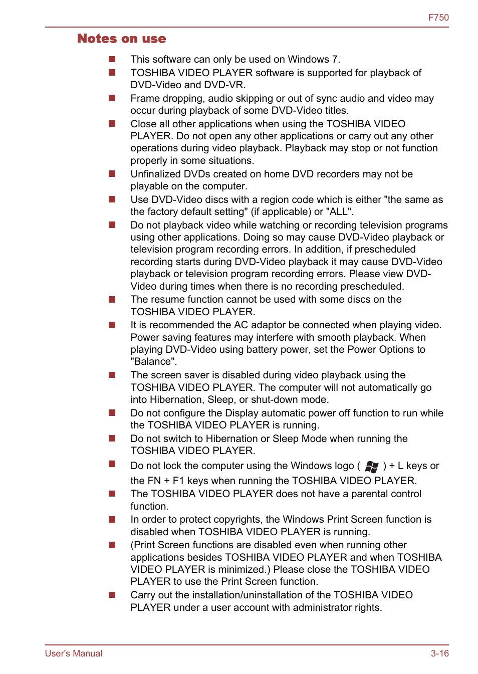 Notes on use | Toshiba Qosmio F750 User Manual | Page 61 / 171