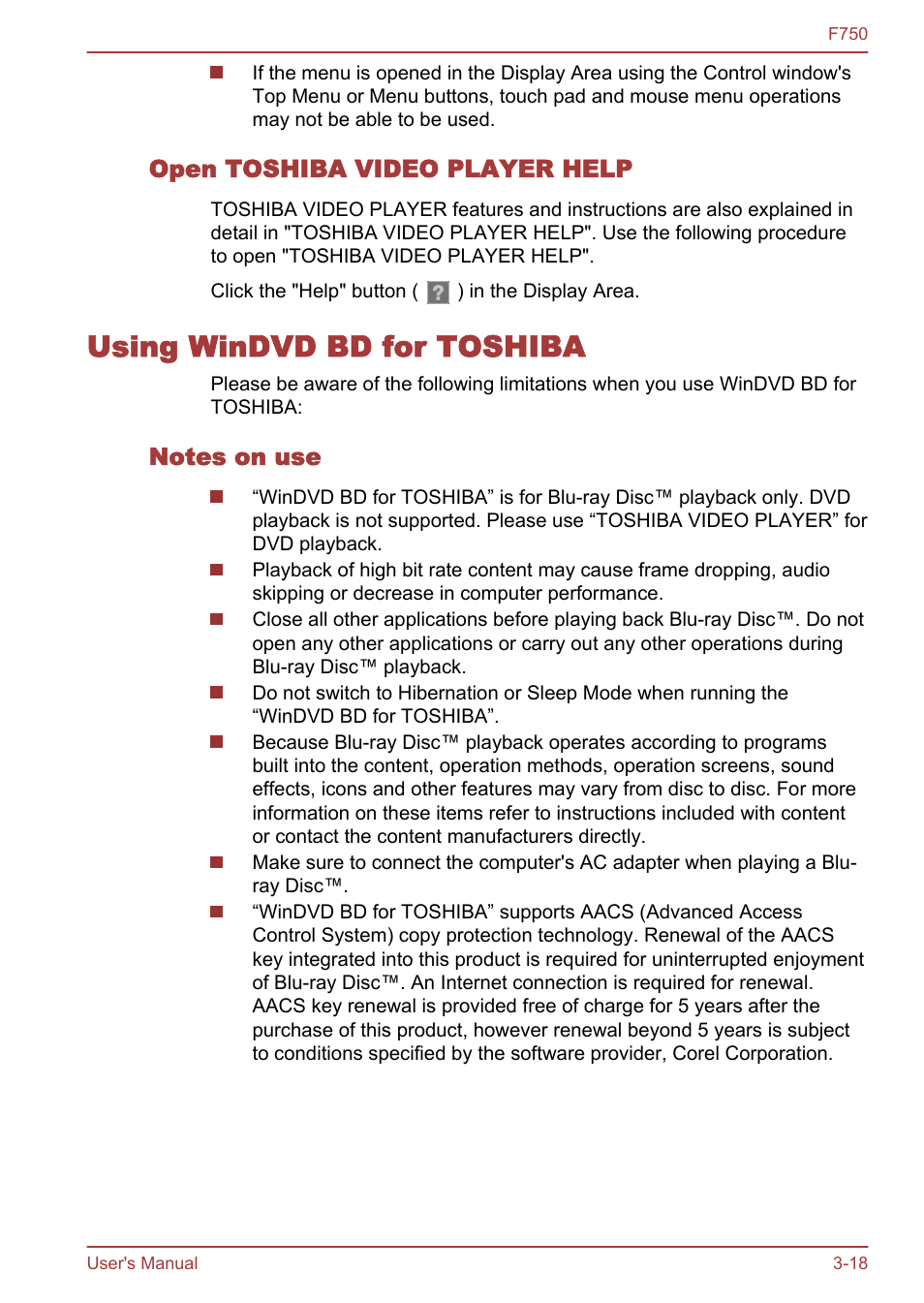 Open toshiba video player help, Using windvd bd for toshiba, Notes on use | Using windvd bd for toshiba -18 | Toshiba Qosmio F750 User Manual | Page 63 / 171