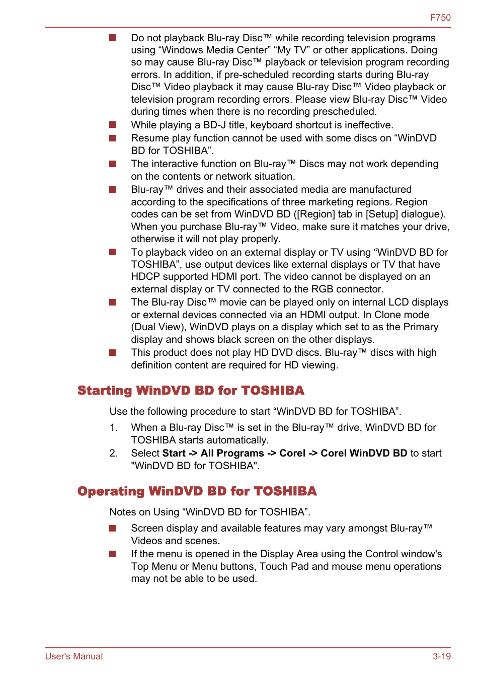 Starting windvd bd for toshiba, Operating windvd bd for toshiba | Toshiba Qosmio F750 User Manual | Page 64 / 171