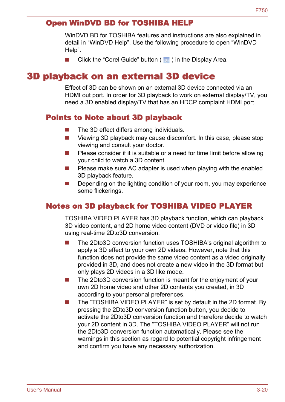 Open windvd bd for toshiba help, 3d playback on an external 3d device, Points to note about 3d playback | Notes on 3d playback for toshiba video player, 3d playback on an external 3d device -20 | Toshiba Qosmio F750 User Manual | Page 65 / 171