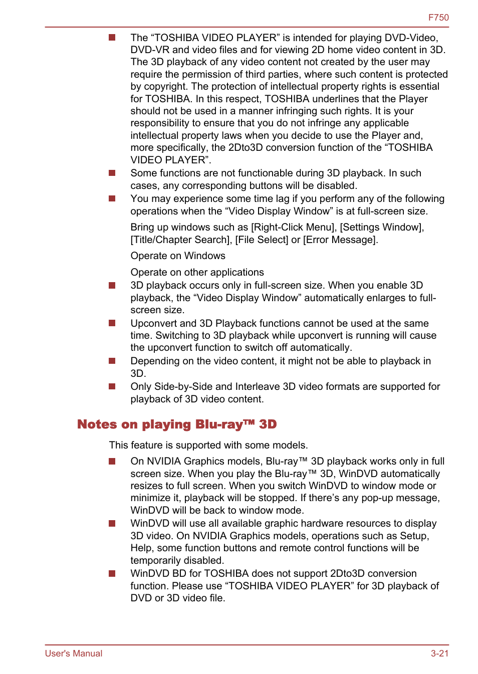 Notes on playing blu-ray™ 3d | Toshiba Qosmio F750 User Manual | Page 66 / 171