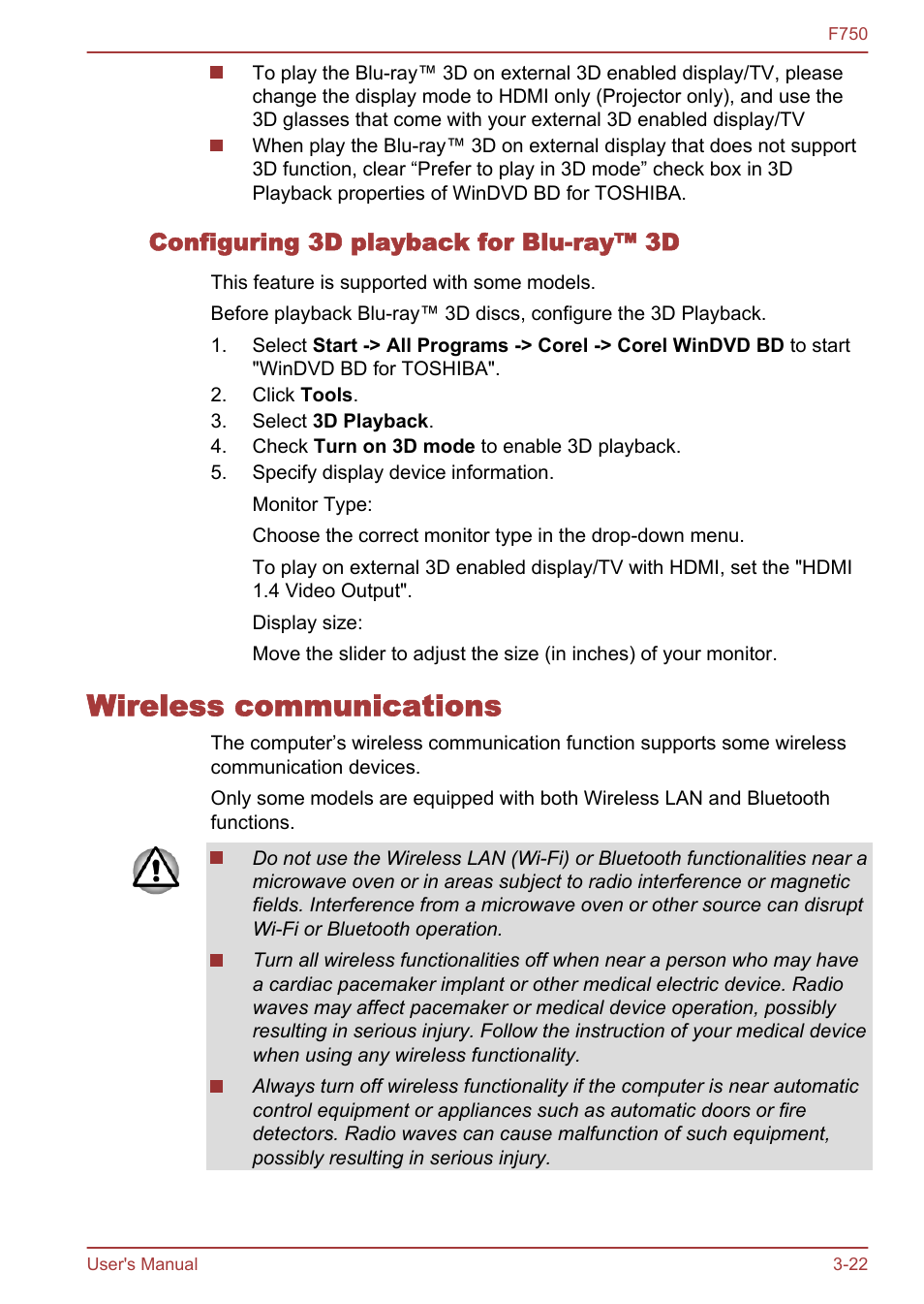 Configuring 3d playback for blu-ray™ 3d, Wireless communications, Wireless communications -22 | Toshiba Qosmio F750 User Manual | Page 67 / 171