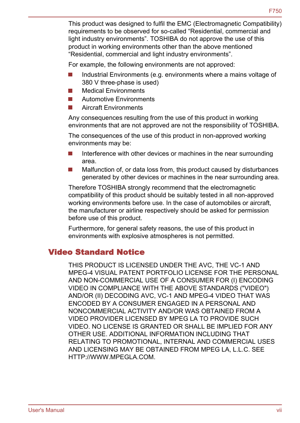 Video standard notice | Toshiba Qosmio F750 User Manual | Page 7 / 171