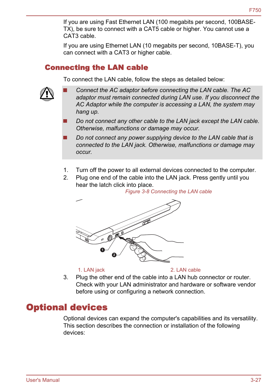 Connecting the lan cable, Optional devices, Optional devices -27 | Toshiba Qosmio F750 User Manual | Page 72 / 171