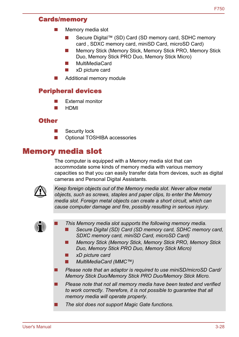 Cards/memory, Peripheral devices, Other | Memory media slot, Memory media slot -28 | Toshiba Qosmio F750 User Manual | Page 73 / 171