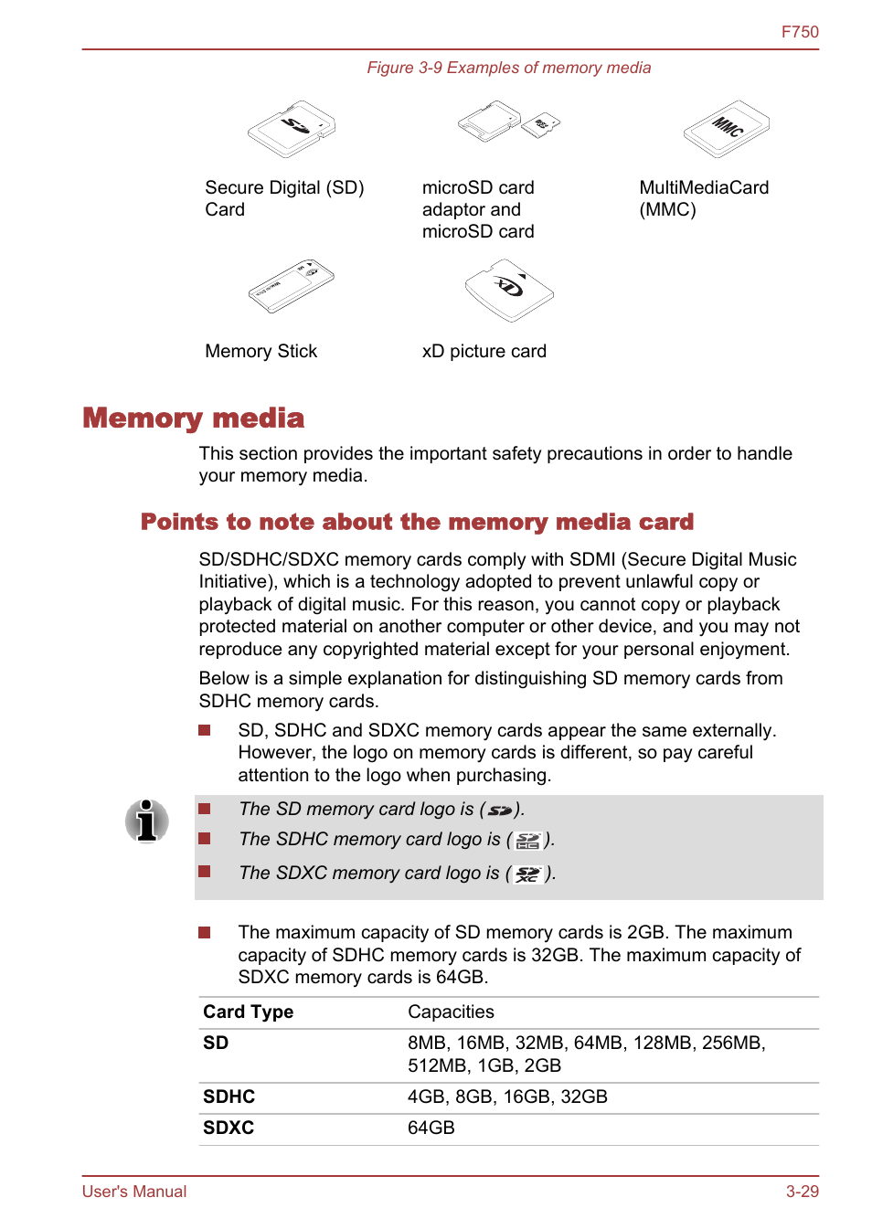 Memory media, Points to note about the memory media card, Memory media -29 | Toshiba Qosmio F750 User Manual | Page 74 / 171