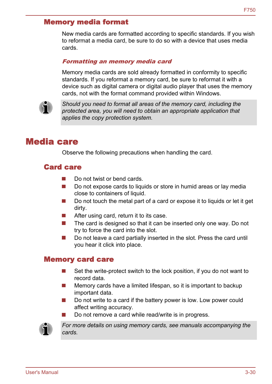 Memory media format, Media care, Card care | Memory card care, Media care -30 | Toshiba Qosmio F750 User Manual | Page 75 / 171