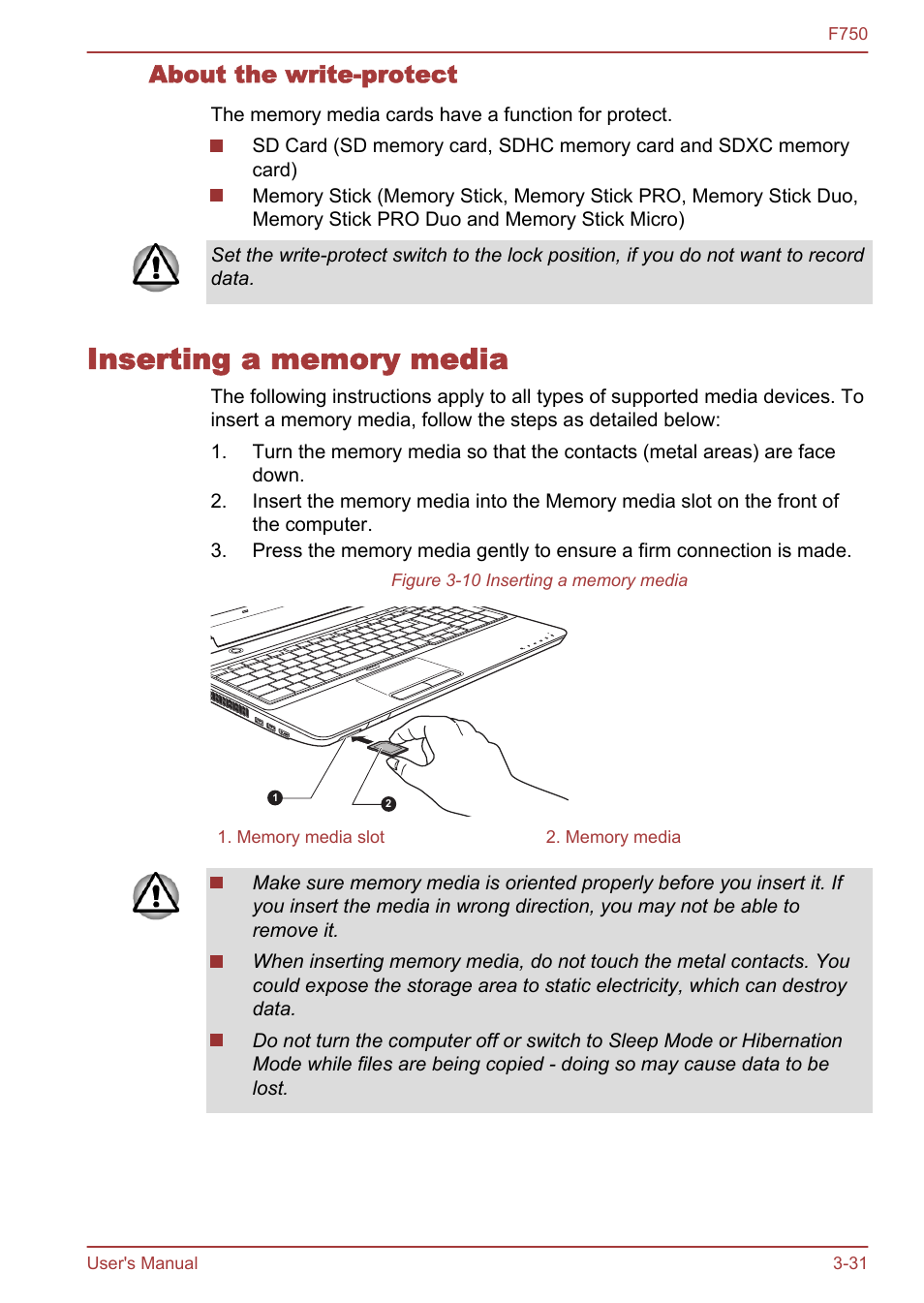 About the write-protect, Inserting a memory media, Inserting a memory media -31 | Toshiba Qosmio F750 User Manual | Page 76 / 171