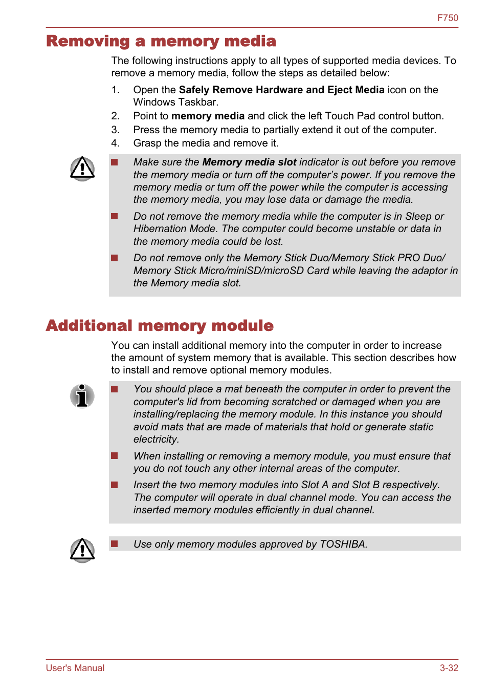 Removing a memory media, Additional memory module | Toshiba Qosmio F750 User Manual | Page 77 / 171