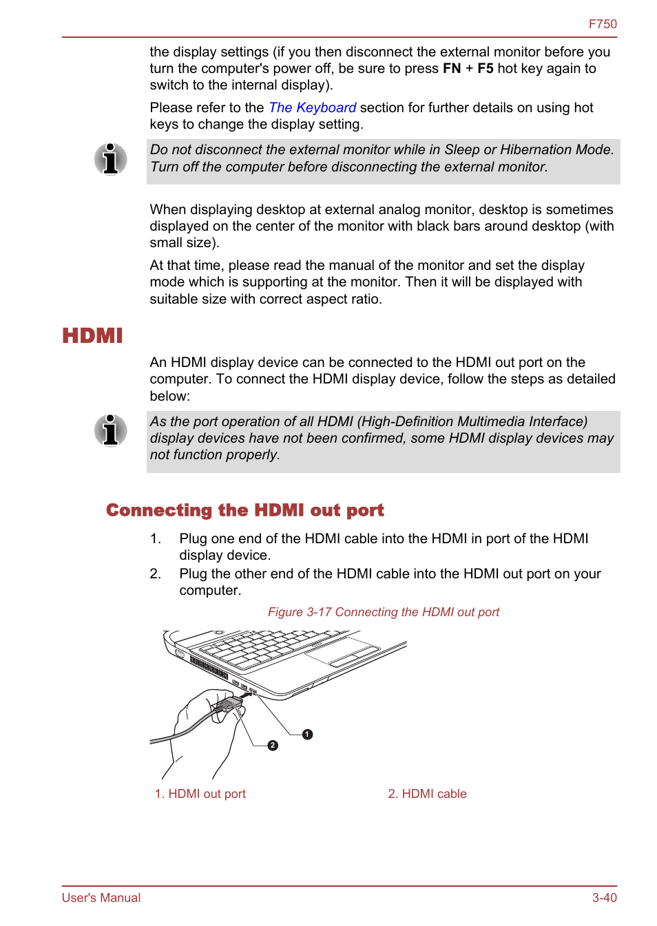 Hdmi, Connecting the hdmi out port, Hdmi -40 | Toshiba Qosmio F750 User Manual | Page 85 / 171