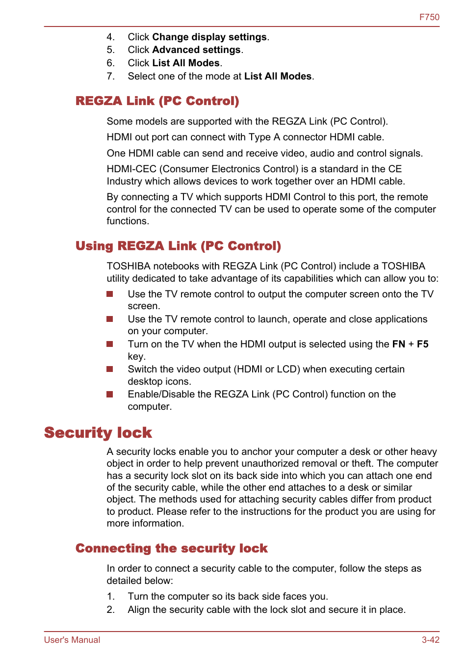 Regza link (pc control), Using regza link (pc control), Security lock | Connecting the security lock, Security lock -42 | Toshiba Qosmio F750 User Manual | Page 87 / 171