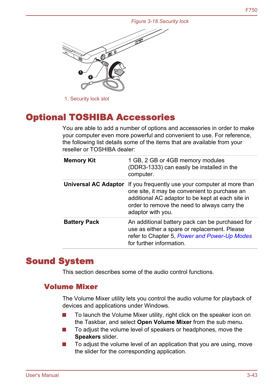 Optional toshiba accessories, Sound system, Volume mixer | Optional toshiba accessories -43, Sound system -43, To the, Section in chapter 3 | Toshiba Qosmio F750 User Manual | Page 88 / 171