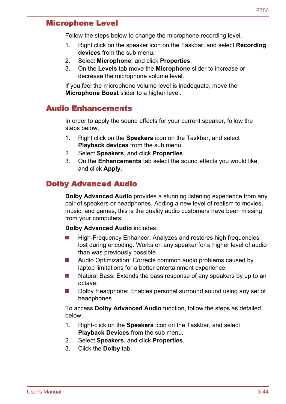 Microphone level, Audio enhancements, Dolby advanced audio | Toshiba Qosmio F750 User Manual | Page 89 / 171