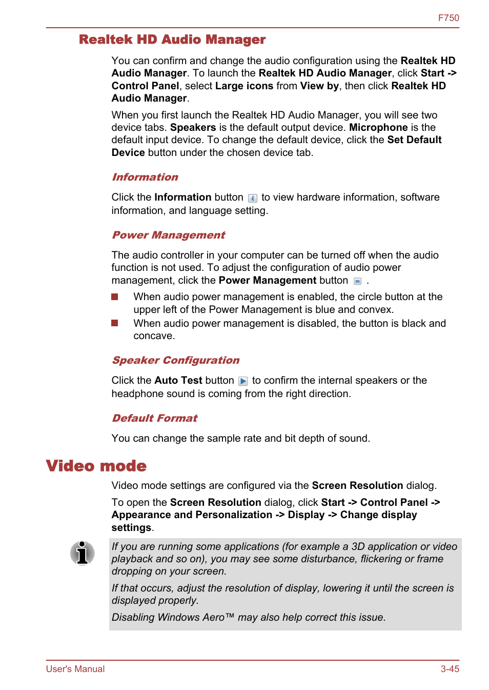 Realtek hd audio manager, Video mode, Video mode -45 | Toshiba Qosmio F750 User Manual | Page 90 / 171