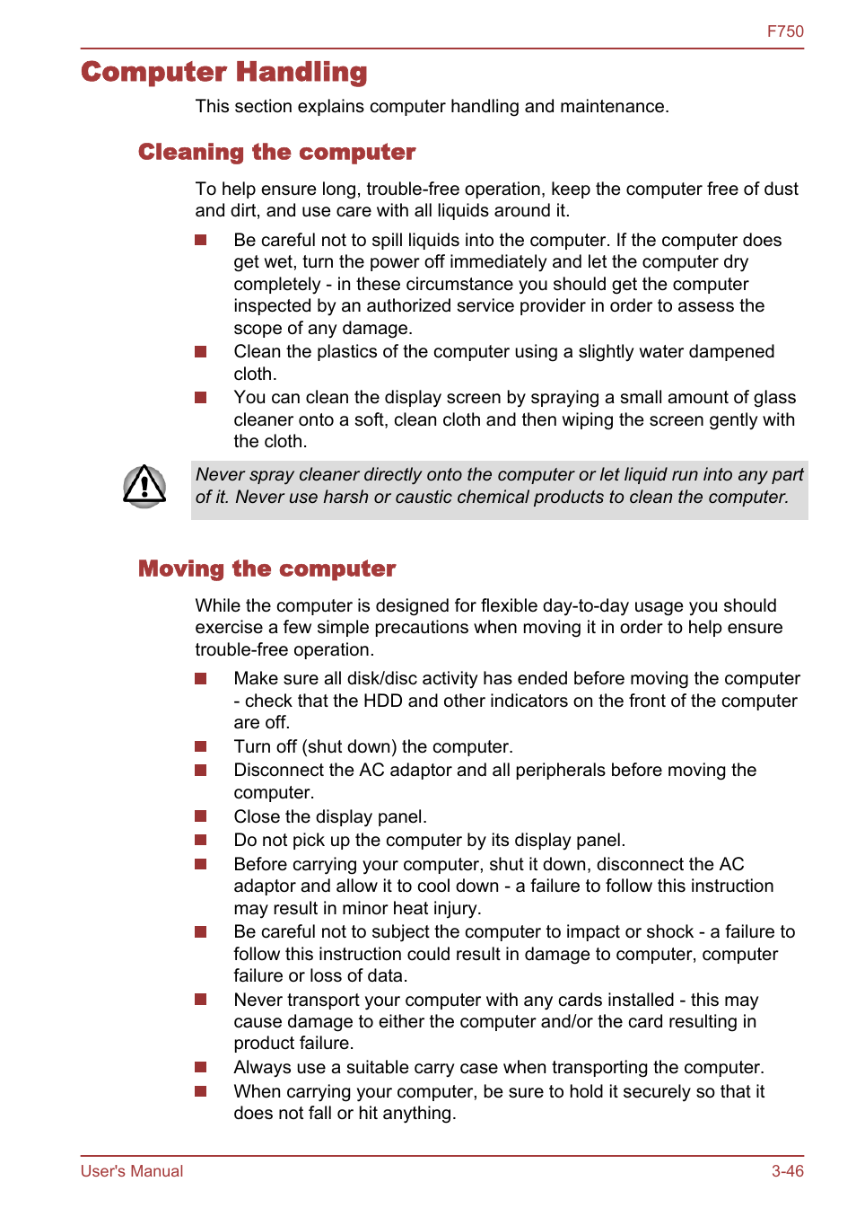 Computer handling, Cleaning the computer, Moving the computer | Computer handling -46 | Toshiba Qosmio F750 User Manual | Page 91 / 171
