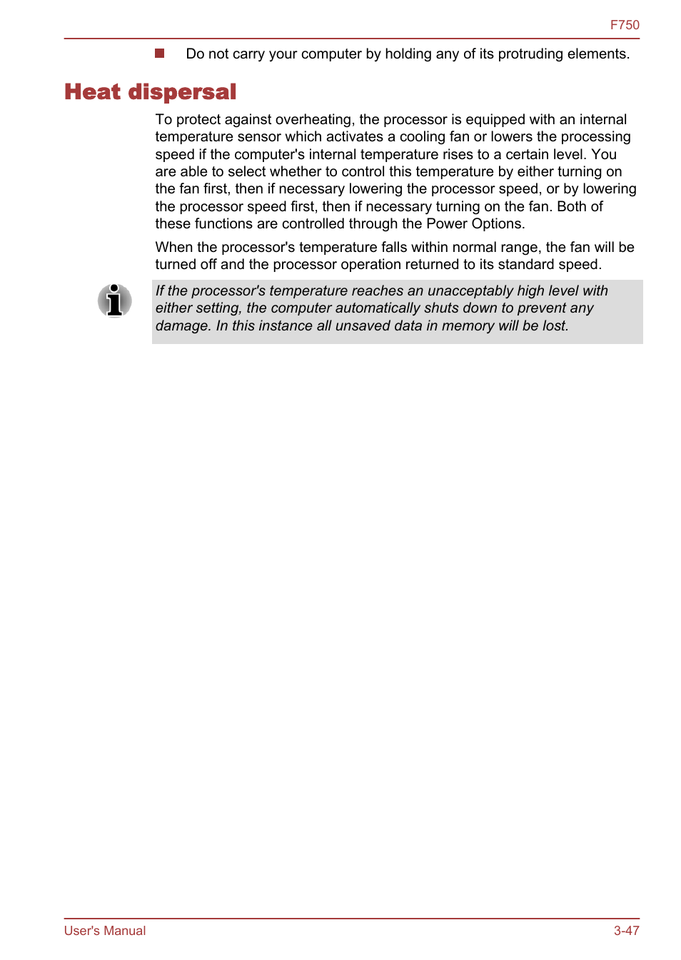 Heat dispersal, Heat dispersal -47 | Toshiba Qosmio F750 User Manual | Page 92 / 171
