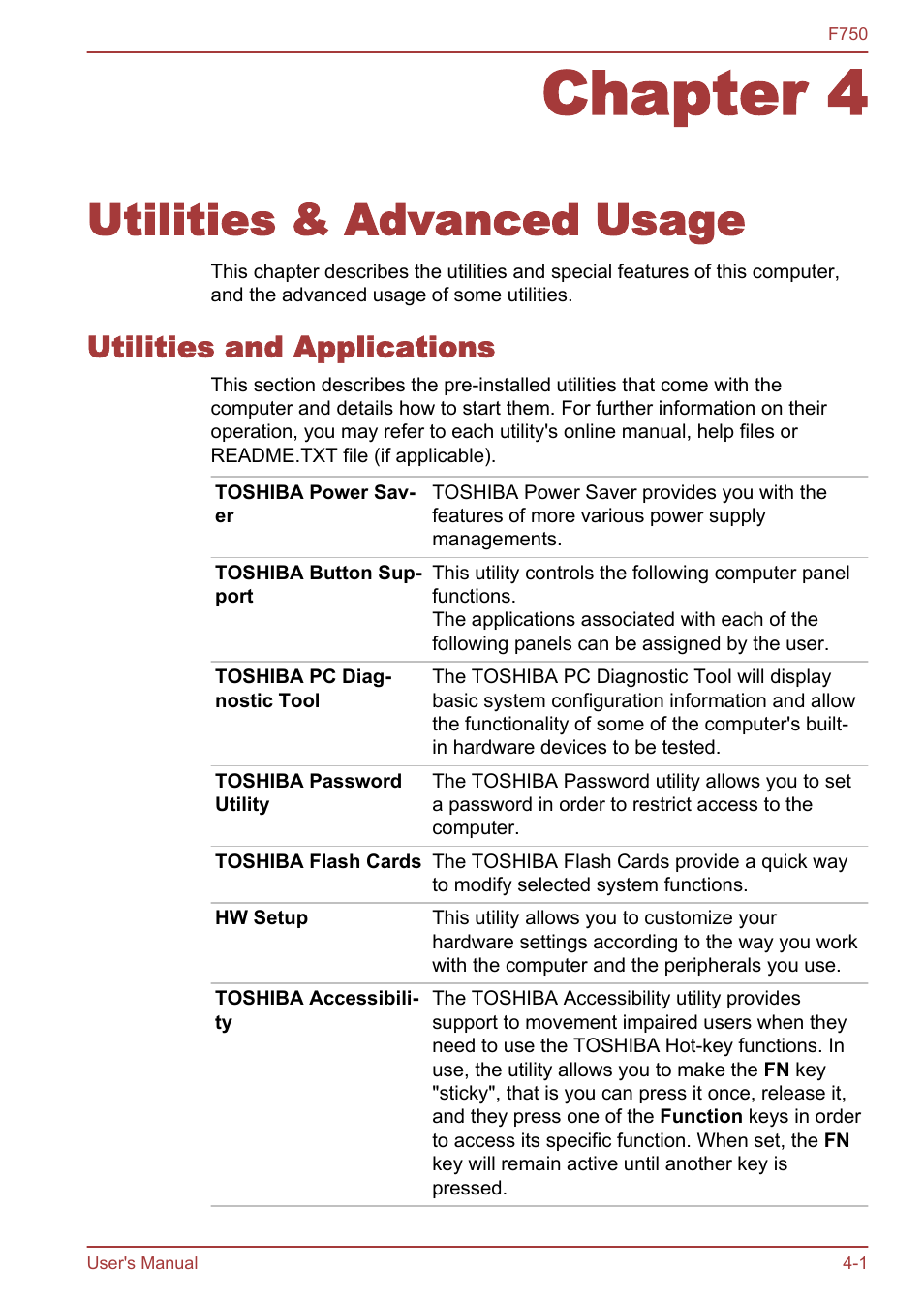 Chapter 4 utilities & advanced usage, Utilities and applications, Chapter 4 | Utilities & advanced usage, Utilities and applications -1 | Toshiba Qosmio F750 User Manual | Page 93 / 171