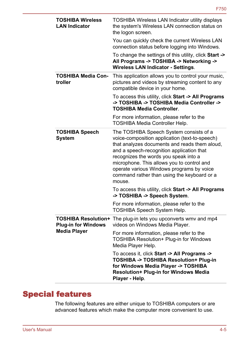 Special features, Special features -5 | Toshiba Qosmio F750 User Manual | Page 97 / 171