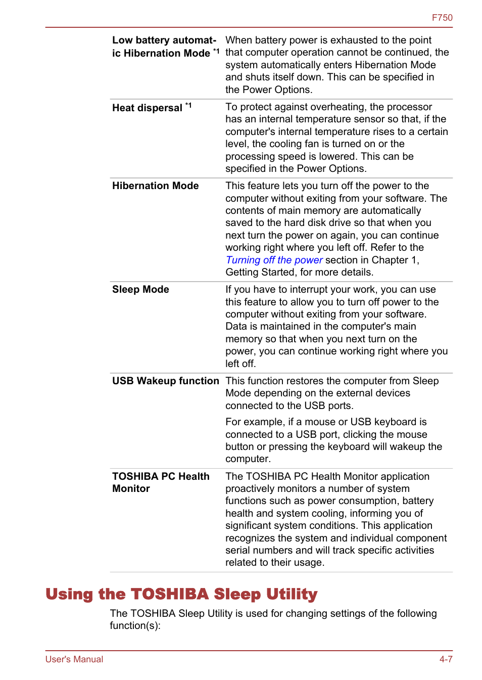 Using the toshiba sleep utility, Using the toshiba sleep utility -7 | Toshiba Qosmio F750 User Manual | Page 99 / 171