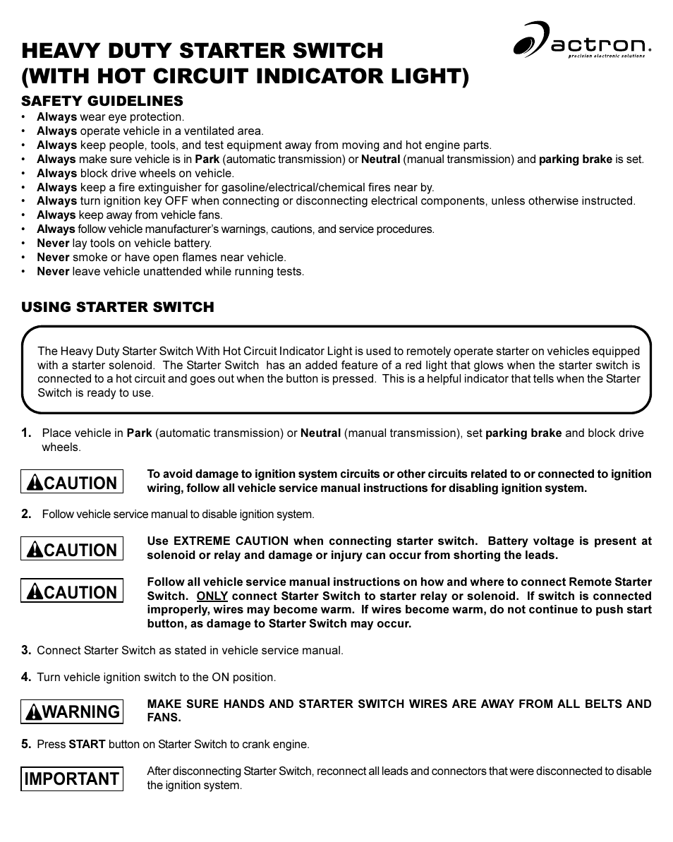 Actron Starter Switch User Manual | 2 pages