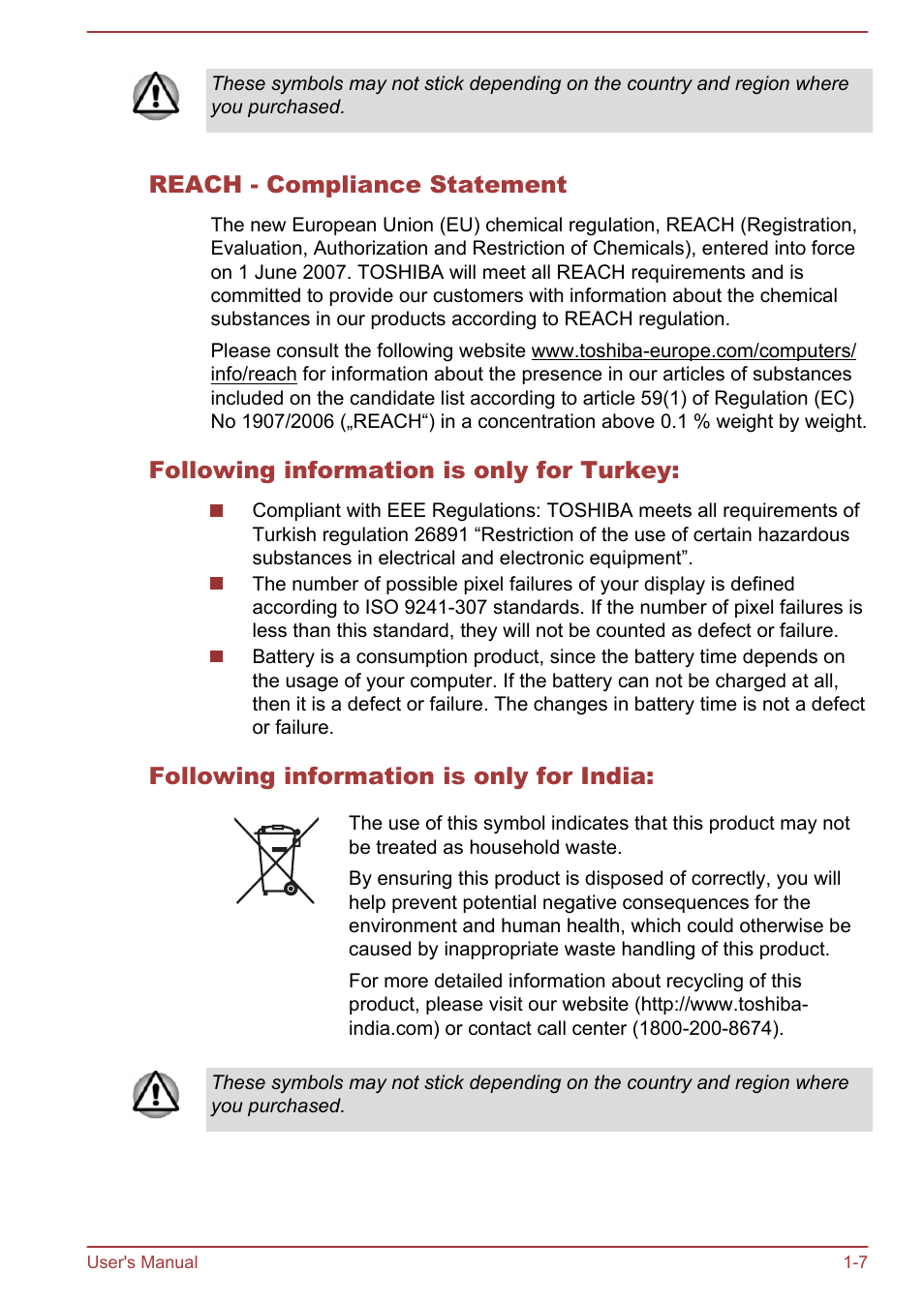 Reach - compliance statement, Following information is only for turkey, Following information is only for india | Toshiba Tecra W50-A User Manual | Page 10 / 166