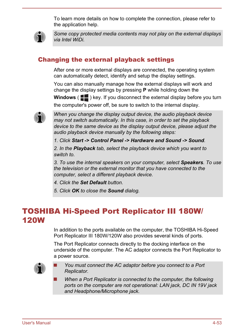 Changing the external playback settings, Toshiba hi-speed port replicator iii 180w/120w, Toshiba hi-speed port replicator iii 180w/120w -53 | Toshiba hi-speed port, Replicator iii 180w/120w | Toshiba Tecra W50-A User Manual | Page 103 / 166