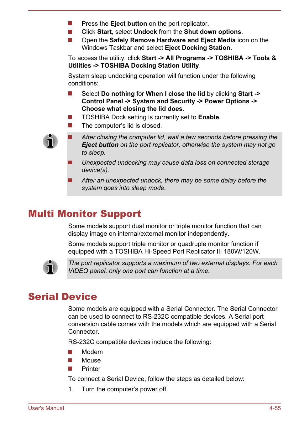 Multi monitor support, Serial device, Multi monitor support -55 serial device -55 | Toshiba Tecra W50-A User Manual | Page 105 / 166