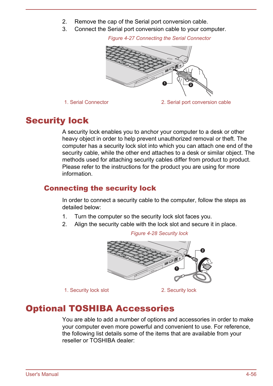 Security lock, Connecting the security lock, Optional toshiba accessories | Security lock -56 optional toshiba accessories -56 | Toshiba Tecra W50-A User Manual | Page 106 / 166
