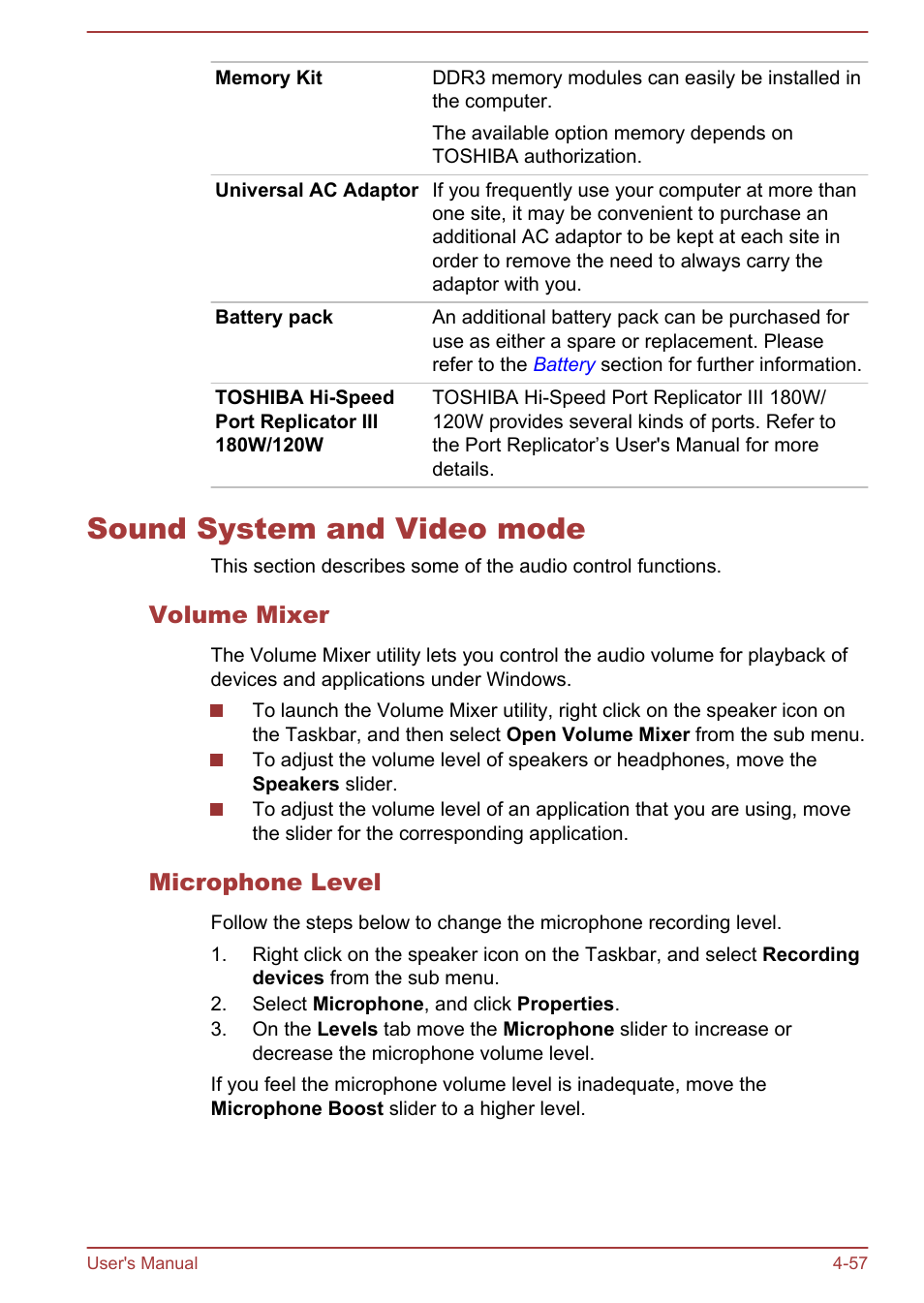 Sound system and video mode, Volume mixer, Microphone level | Sound system and video mode -57 | Toshiba Tecra W50-A User Manual | Page 107 / 166