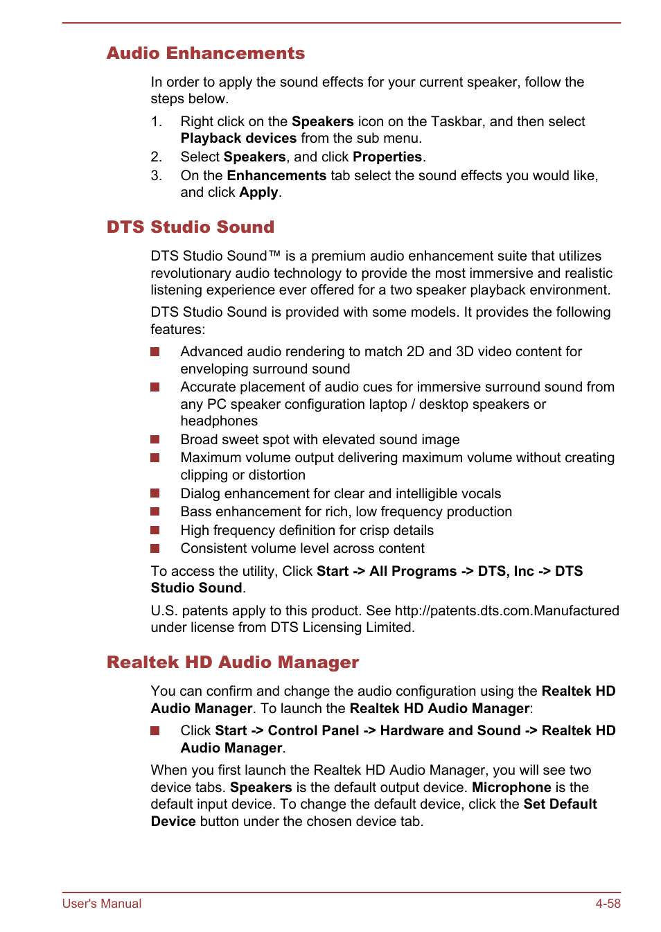 Audio enhancements, Dts studio sound, Realtek hd audio manager | Toshiba Tecra W50-A User Manual | Page 108 / 166