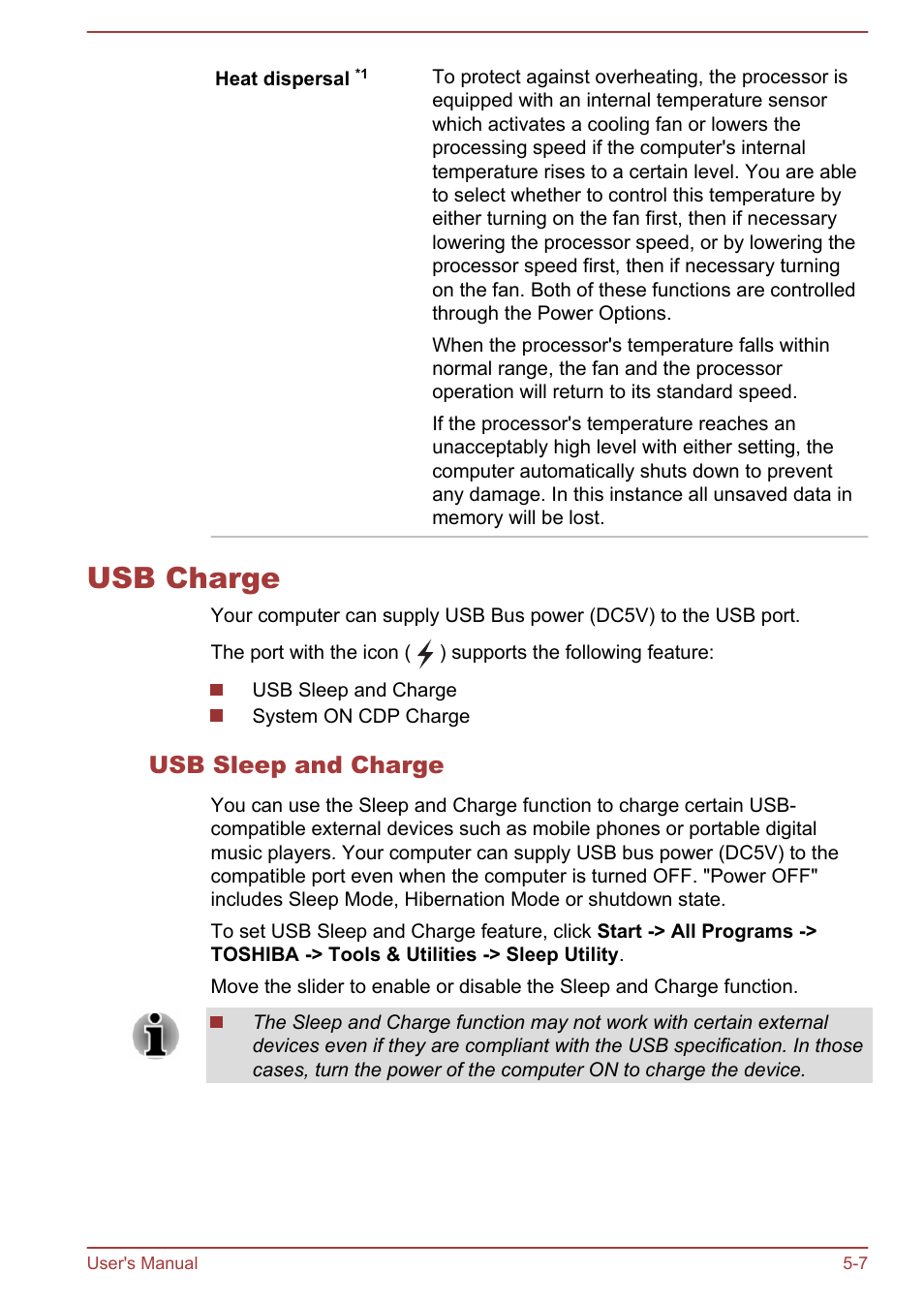 Usb charge, Usb sleep and charge, Usb charge -7 | Toshiba Tecra W50-A User Manual | Page 116 / 166