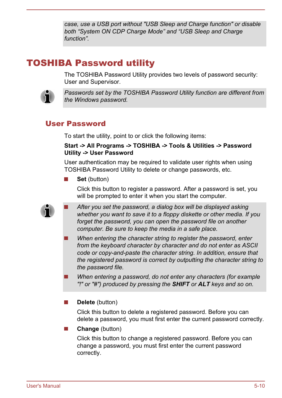 Toshiba password utility, User password, Toshiba password utility -10 | Toshiba Tecra W50-A User Manual | Page 119 / 166