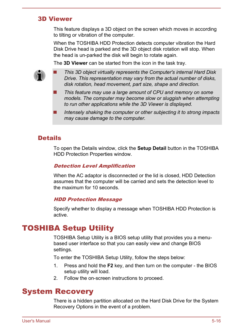 3d viewer, Details, Toshiba setup utility | System recovery, Toshiba setup utility -16 system recovery -16 | Toshiba Tecra W50-A User Manual | Page 125 / 166