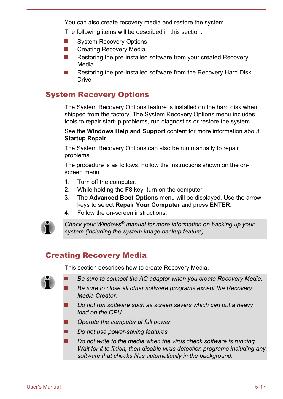 System recovery options, Creating recovery media | Toshiba Tecra W50-A User Manual | Page 126 / 166