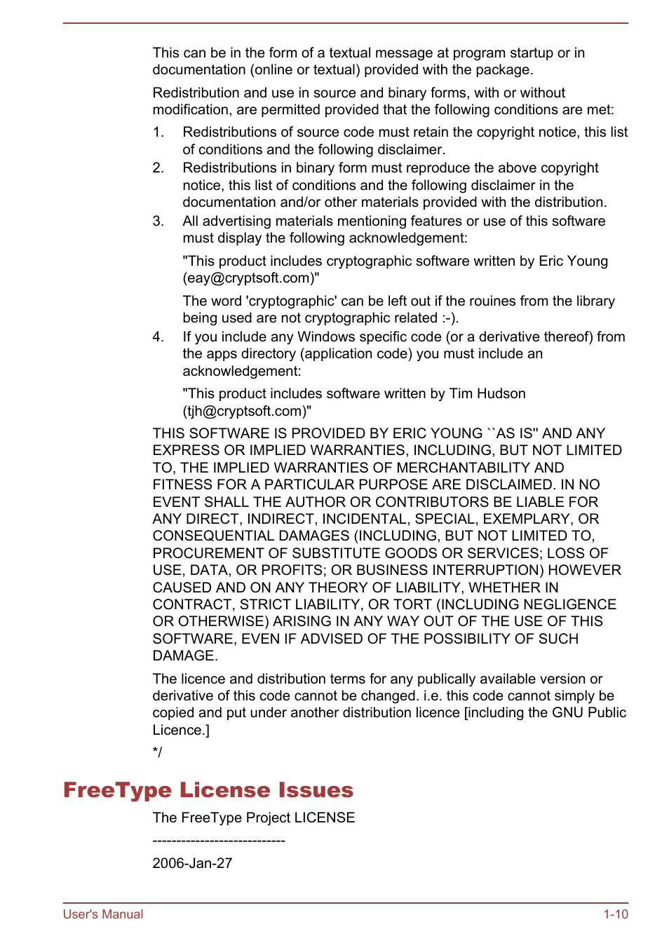 Freetype license issues, Freetype license issues -10 | Toshiba Tecra W50-A User Manual | Page 13 / 166