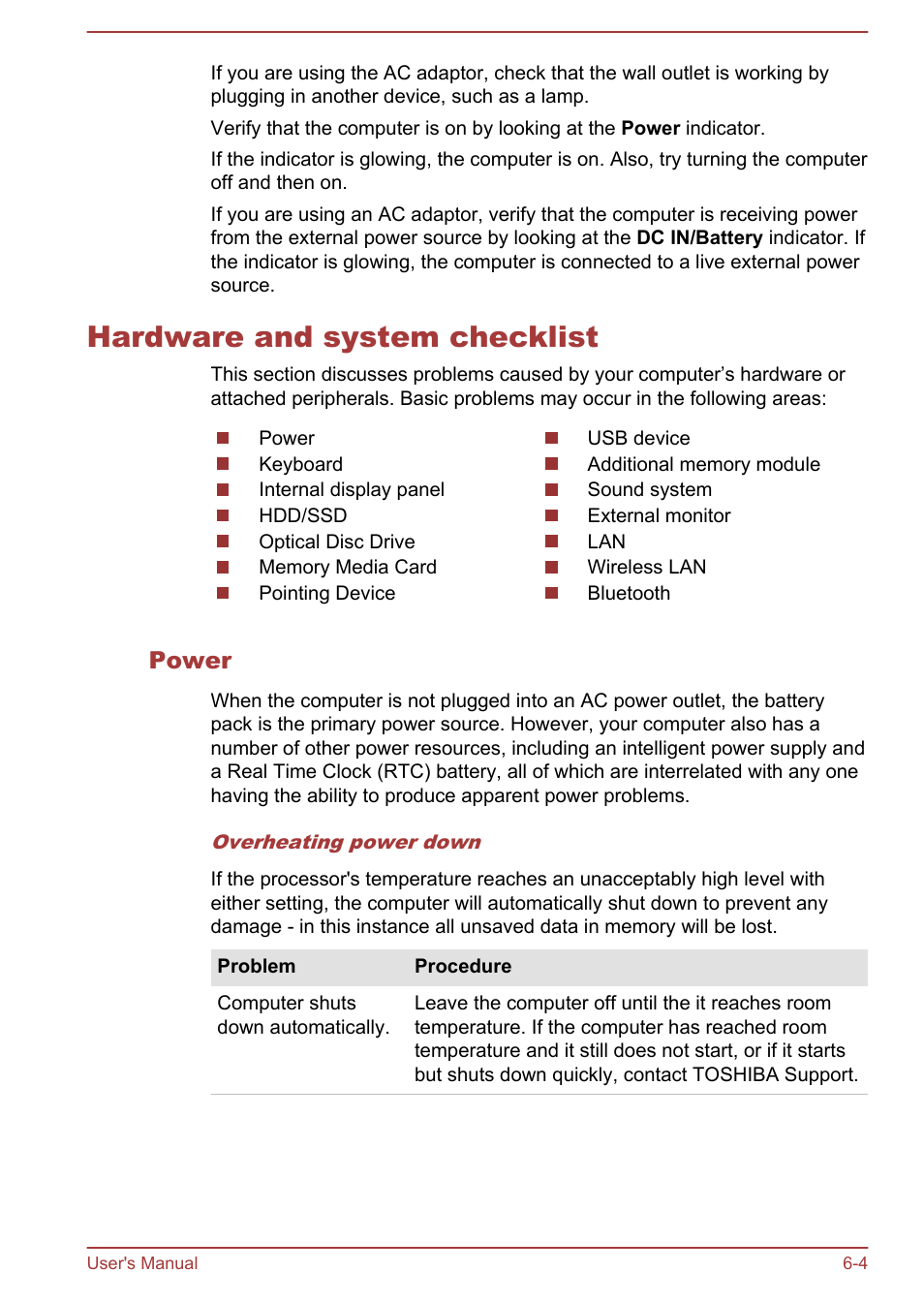 Hardware and system checklist, Power, Hardware and system checklist -4 | Toshiba Tecra W50-A User Manual | Page 132 / 166