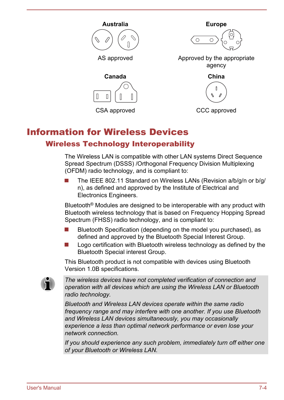 Information for wireless devices, Wireless technology interoperability, Information for wireless devices -4 | Toshiba Tecra W50-A User Manual | Page 148 / 166