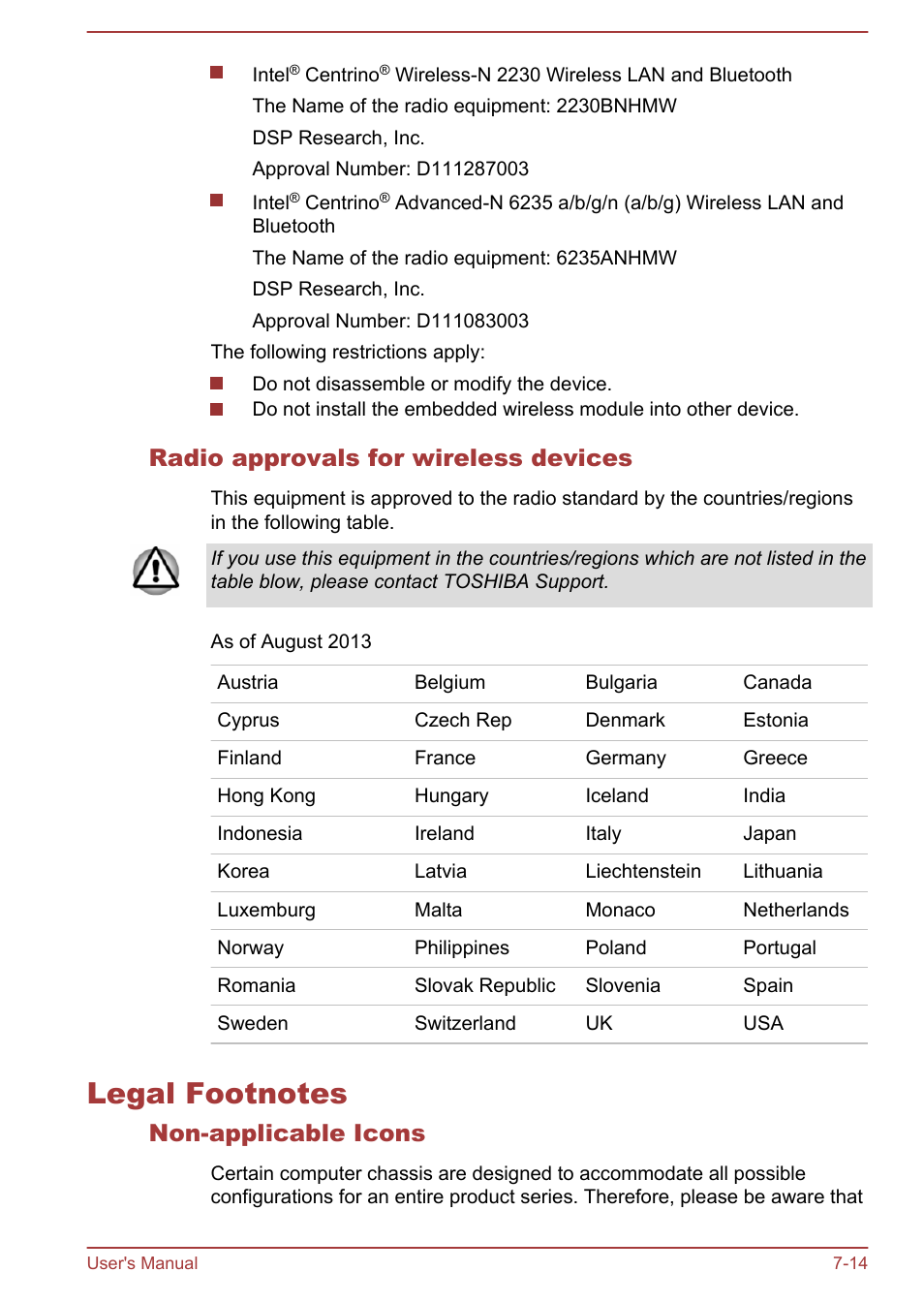 Radio approvals for wireless devices, Legal footnotes, Non-applicable icons | Legal footnotes -14, Section | Toshiba Tecra W50-A User Manual | Page 158 / 166