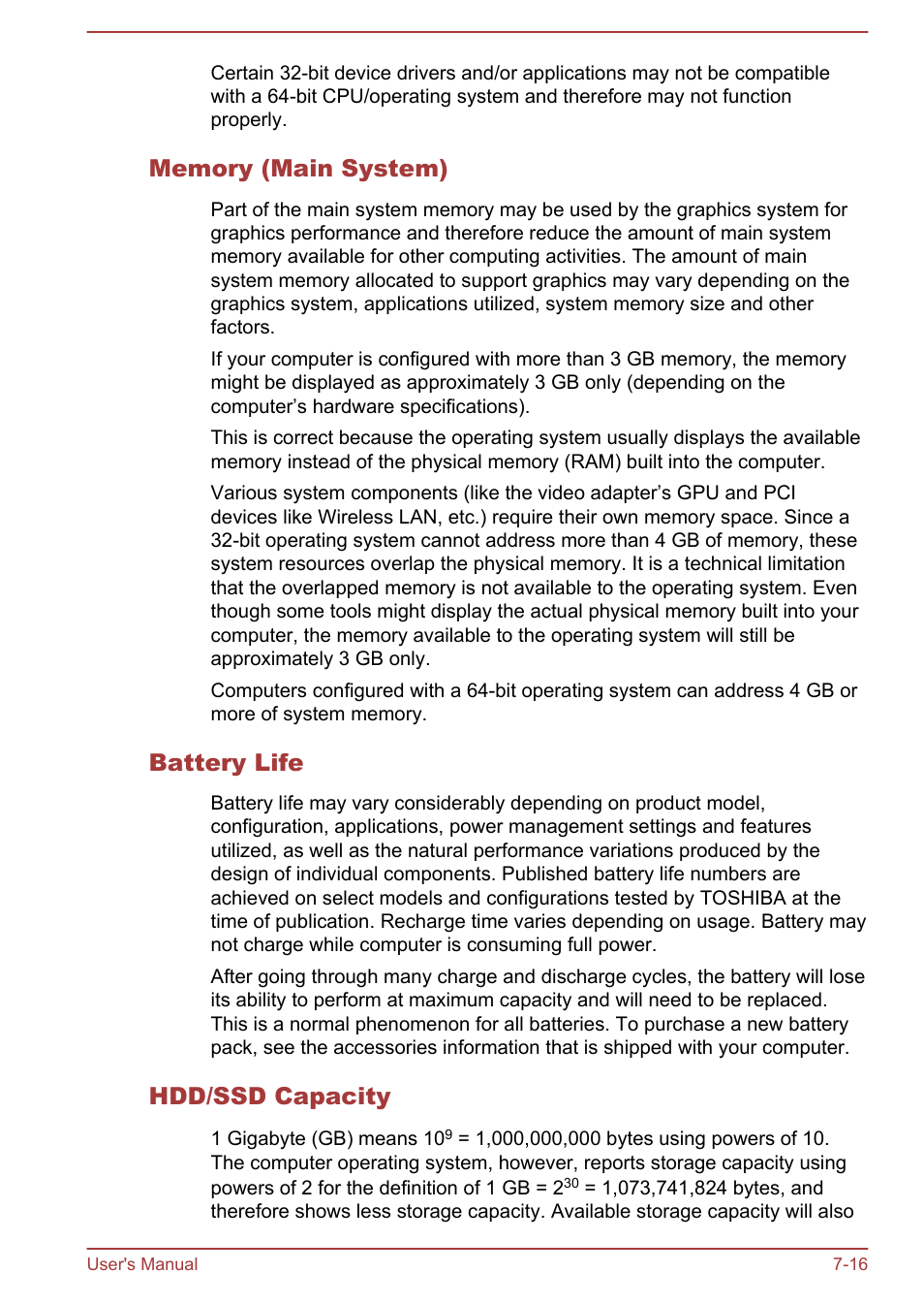 Memory (main system), Battery life, Hdd/ssd capacity | Toshiba Tecra W50-A User Manual | Page 160 / 166