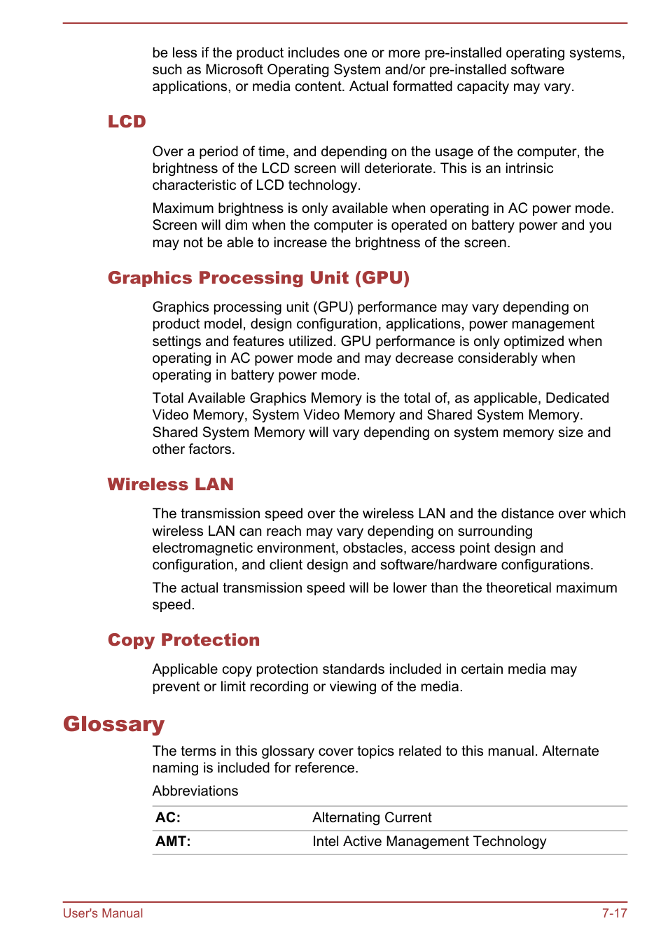 Graphics processing unit (gpu), Wireless lan, Copy protection | Glossary, Glossary -17 | Toshiba Tecra W50-A User Manual | Page 161 / 166