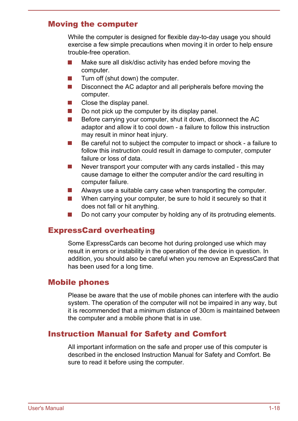 Moving the computer, Expresscard overheating, Mobile phones | Instruction manual for safety and comfort | Toshiba Tecra W50-A User Manual | Page 21 / 166
