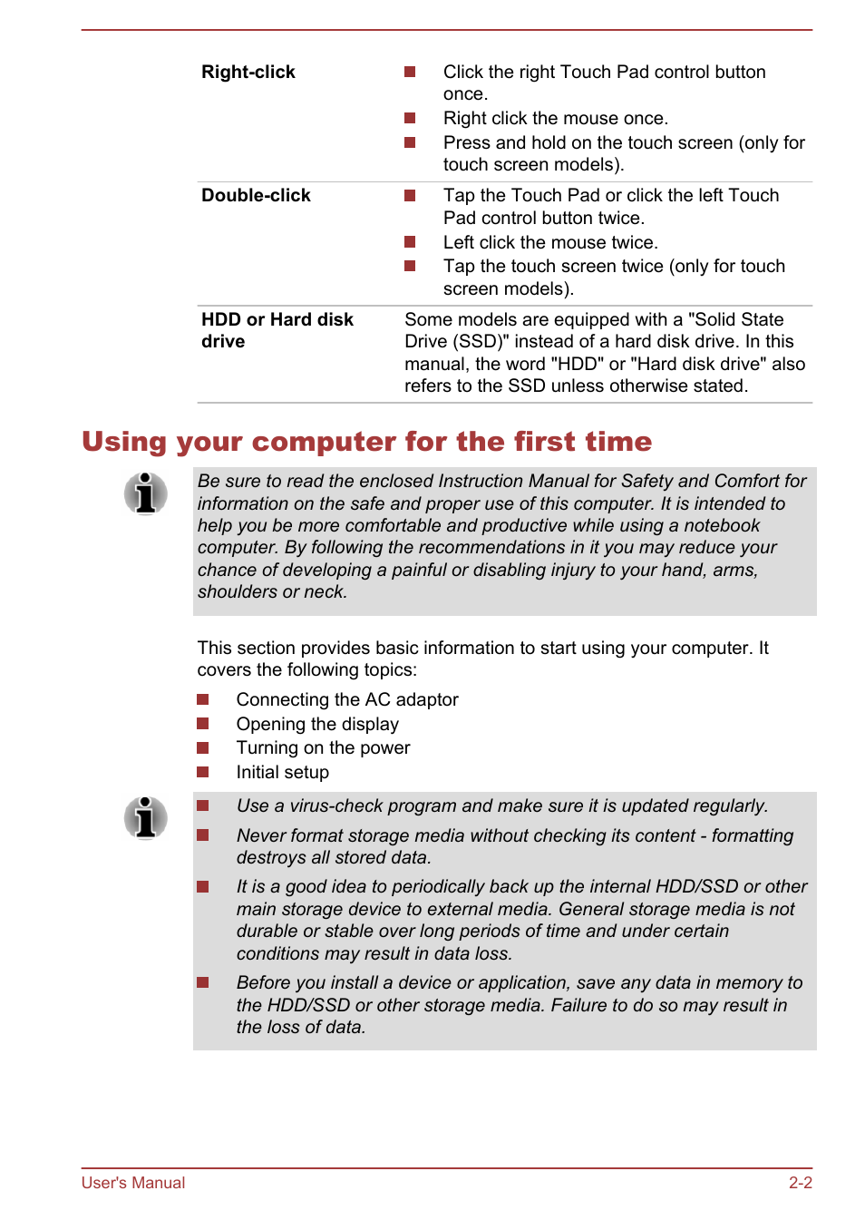 Using your computer for the first time, Using your computer for the first time -2 | Toshiba Tecra W50-A User Manual | Page 24 / 166