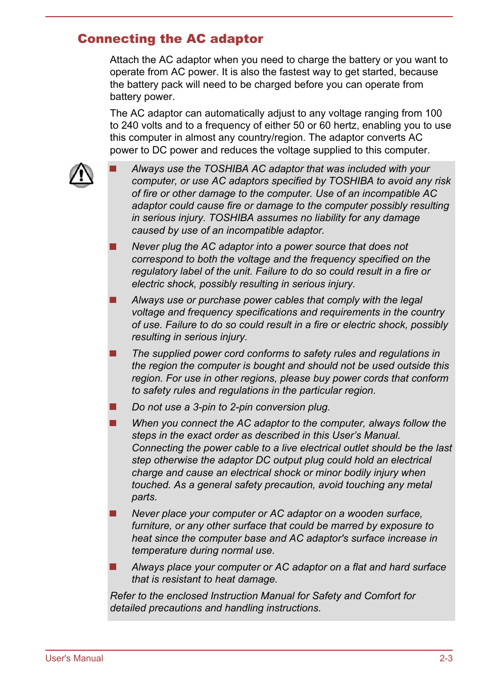 Connecting the ac adaptor | Toshiba Tecra W50-A User Manual | Page 25 / 166
