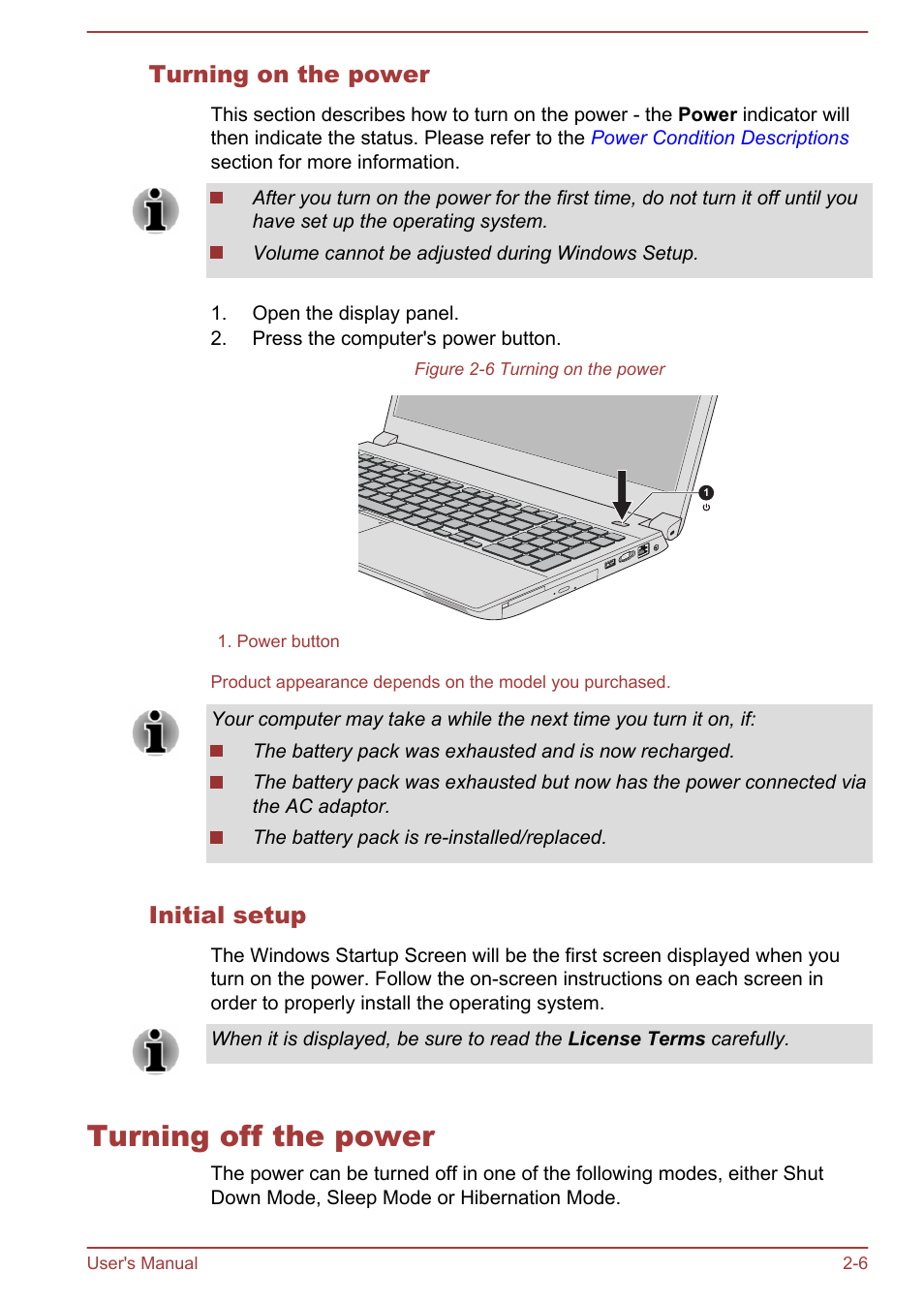 Turning on the power, Initial setup, Turning off the power | Turning off the power -6 | Toshiba Tecra W50-A User Manual | Page 28 / 166