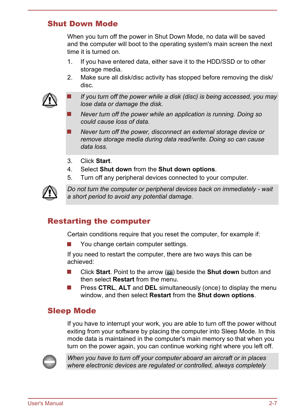 Shut down mode, Restarting the computer, Sleep mode | Toshiba Tecra W50-A User Manual | Page 29 / 166