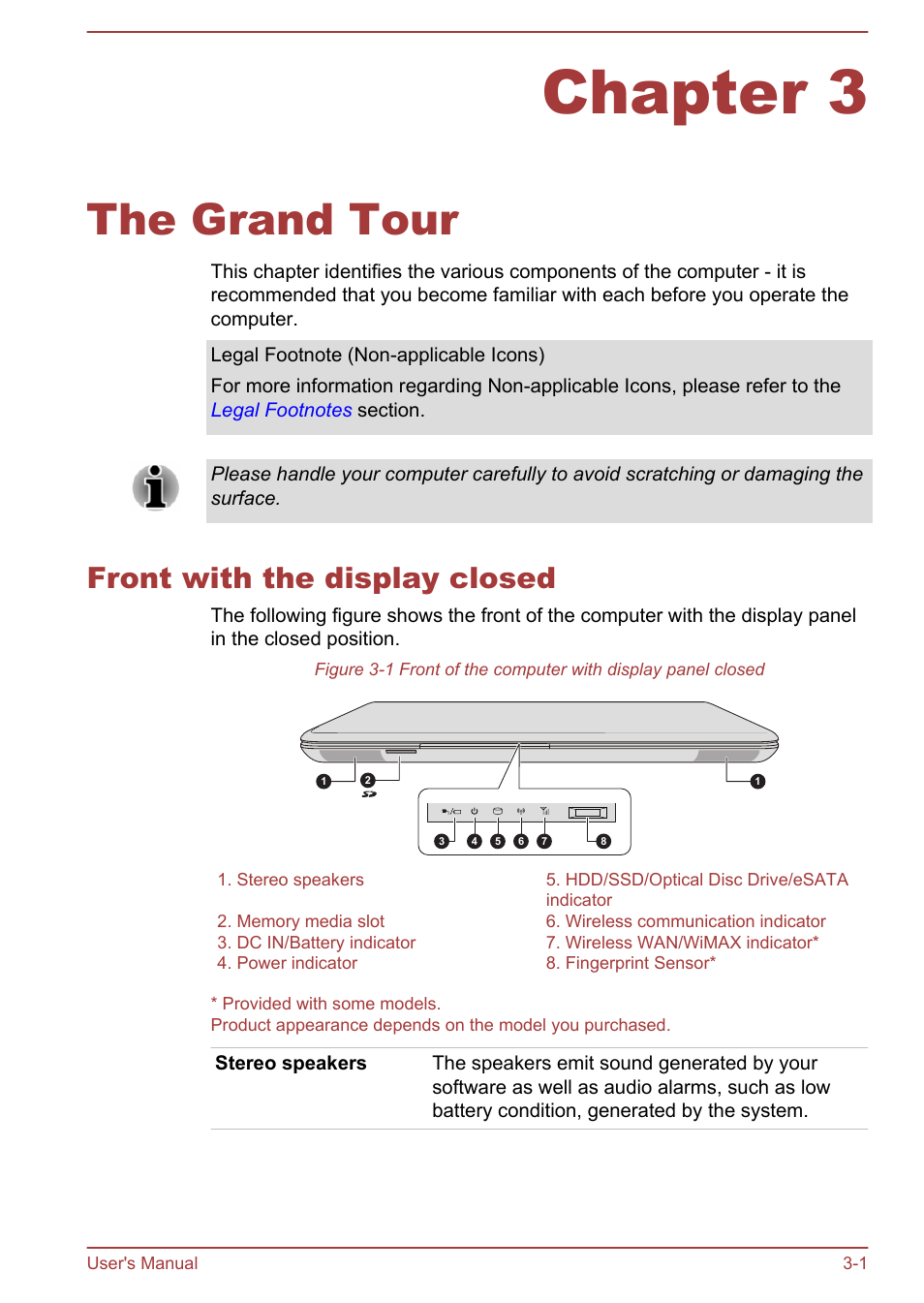 Chapter 3 the grand tour, Front with the display closed, Chapter 3 | The grand tour, Front with the display closed -1 | Toshiba Tecra W50-A User Manual | Page 33 / 166